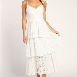 Love in Layers White Lace Tiered V-Neck Midi Dress